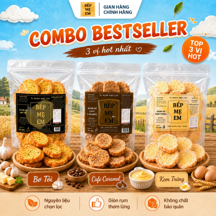 Bếp Mẹ Em - Combo 3 Vị Bestseller (Bơ Tỏi, Kem Trứng, Cafe) - Bánh Mì Sấy Giòn Rụm Đậm Vị