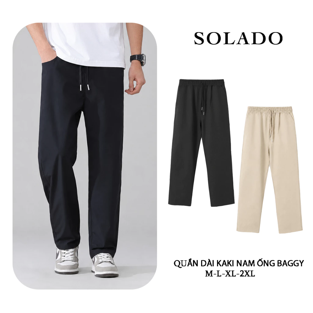 Quần Dài Kaki Dáng Baggy Ống Suông Cạp Chun Unisex Nam Nữ SOLADO QBK
