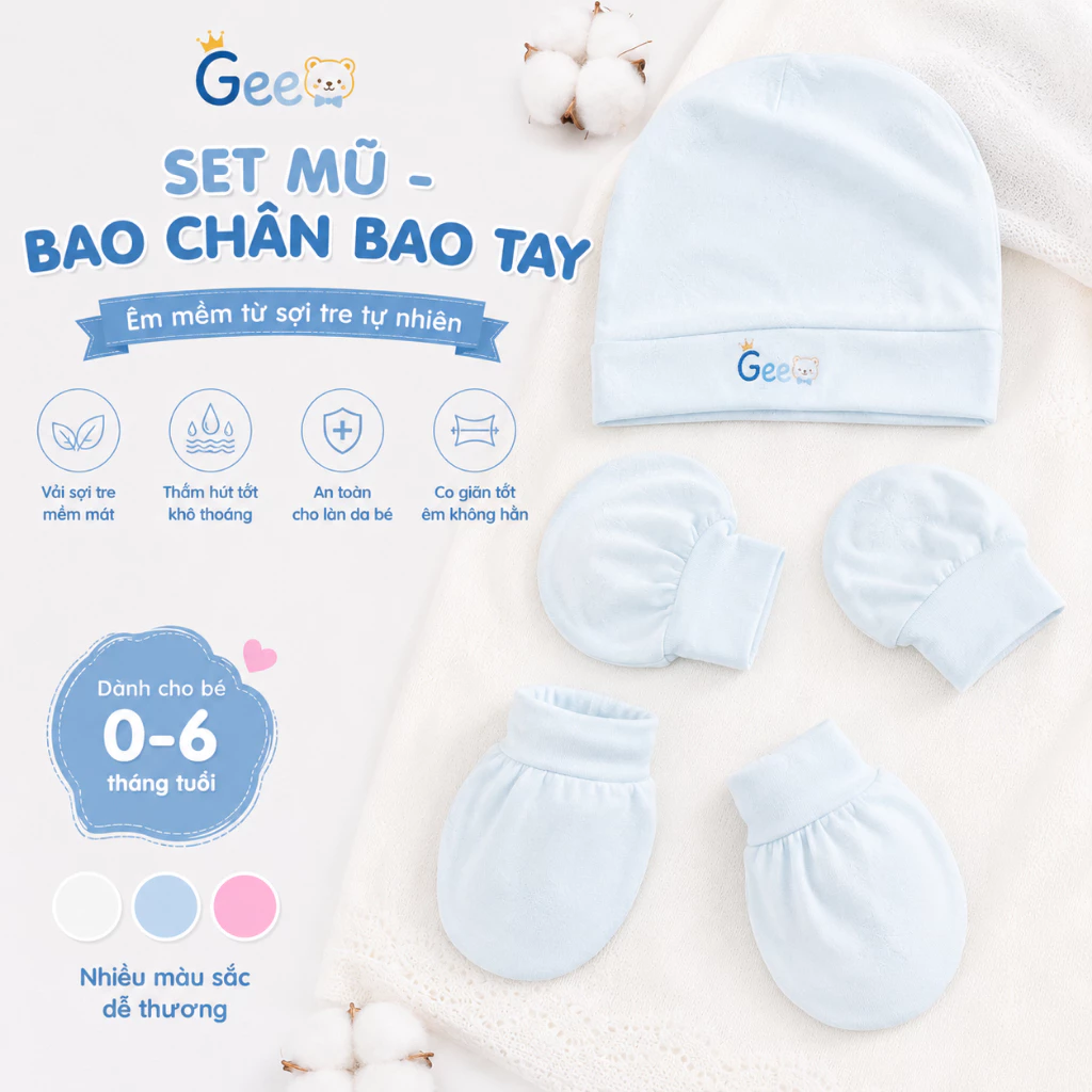 Phụ kiện sơ sinh Gee, Mũ.nón, Set bao chân bao tay vải sợi tre, gỗ sồi mềm mát, êm mịn cho bé