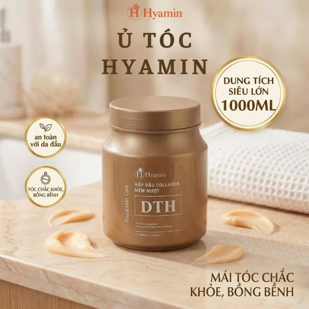 [HYAMIN CHÍNH HÃNG] Kem ủ tóc Hyamin Collagen DTH phục hồi tóc khô xơ hư tổn mềm mượt 1000ml, Dưỡng Mềm Mượt Bóng Khỏe