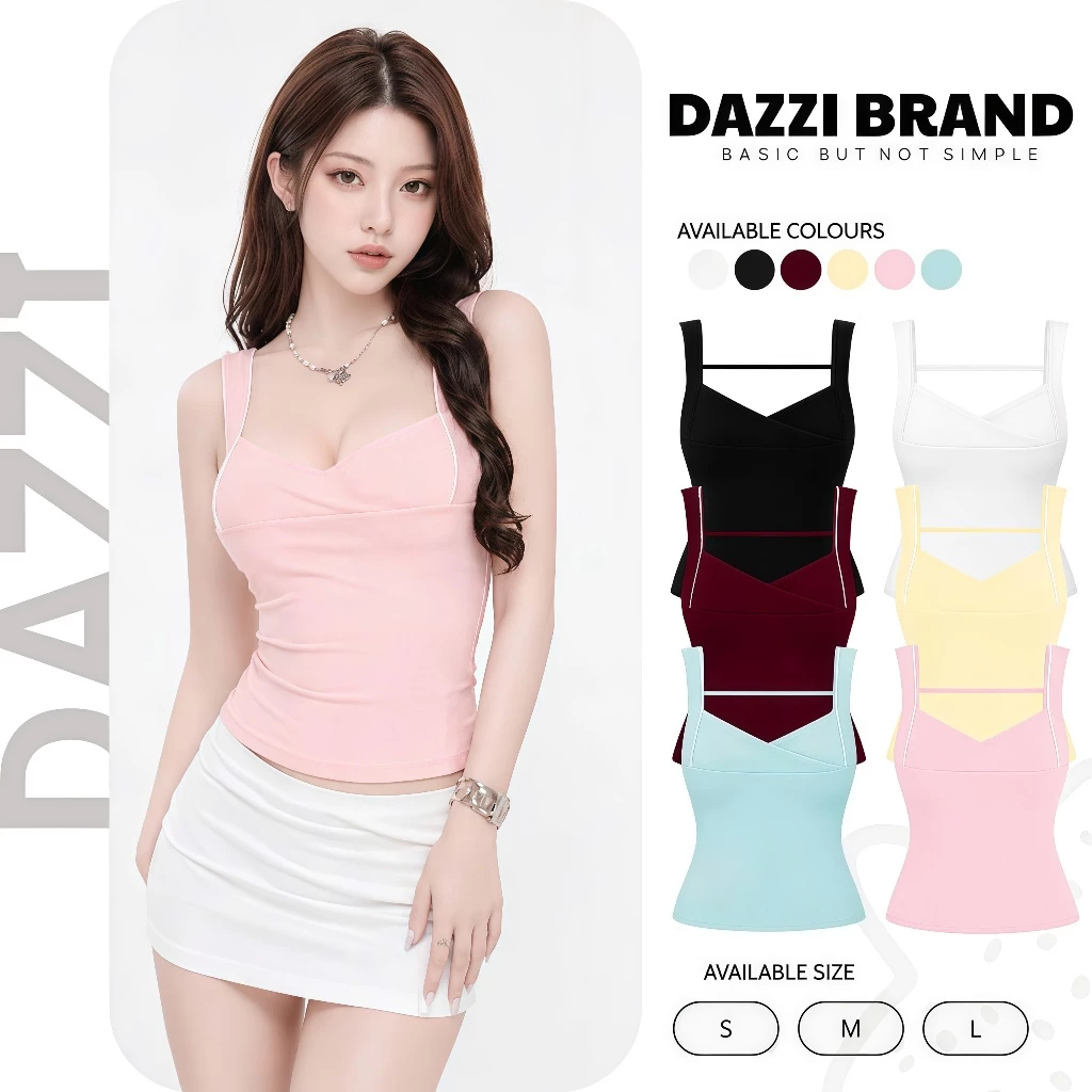Áo tank top 2 dây bản vừa phối ren cổ V chéo tôn dáng chất cotton mịn DAZZI B02