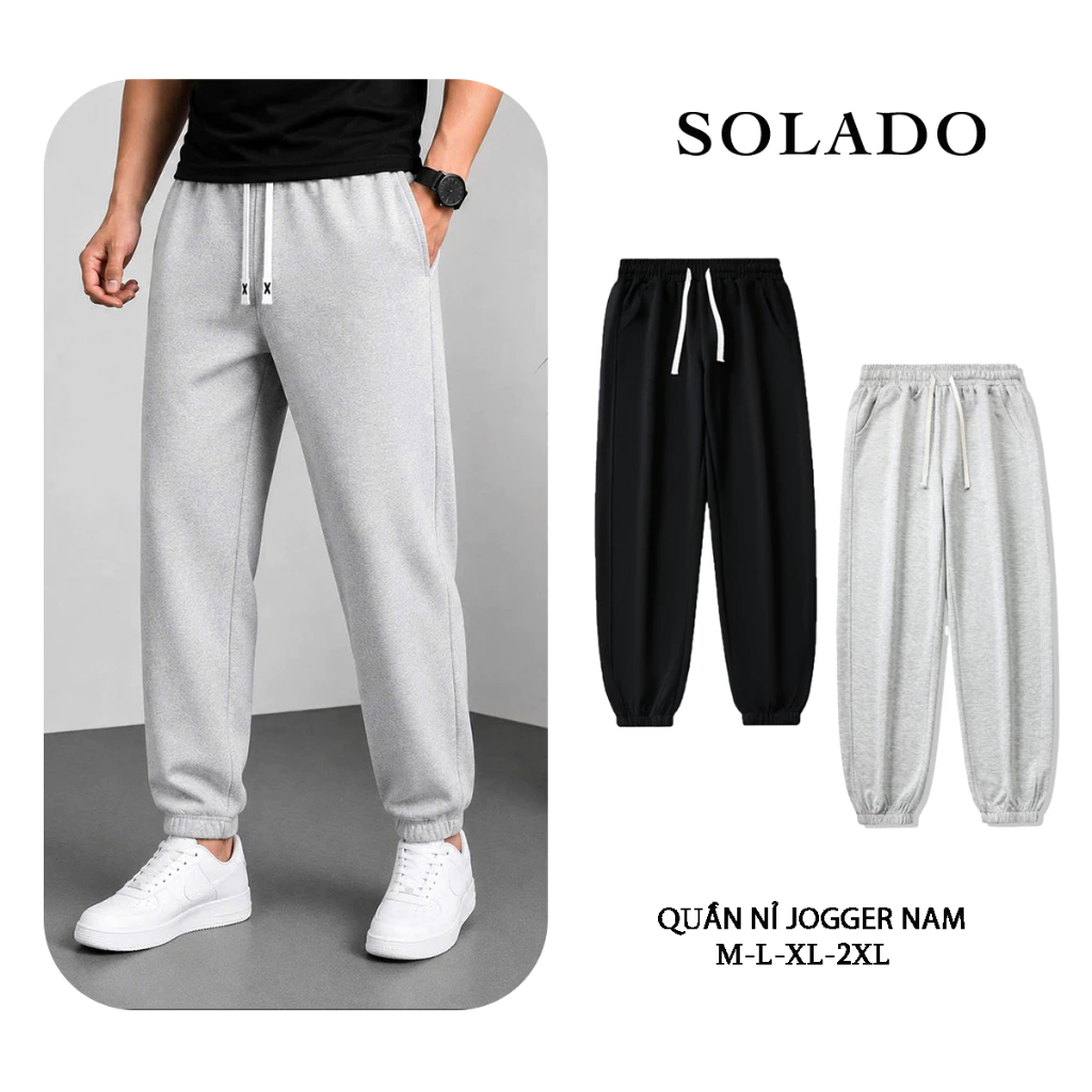 Quần Nỉ Tăm SOLADO Jogger Nam Nữ Unisex Basic Ống Rộng Vải Co Giãn Cạp Chun Bo Gấu JOGGER01
