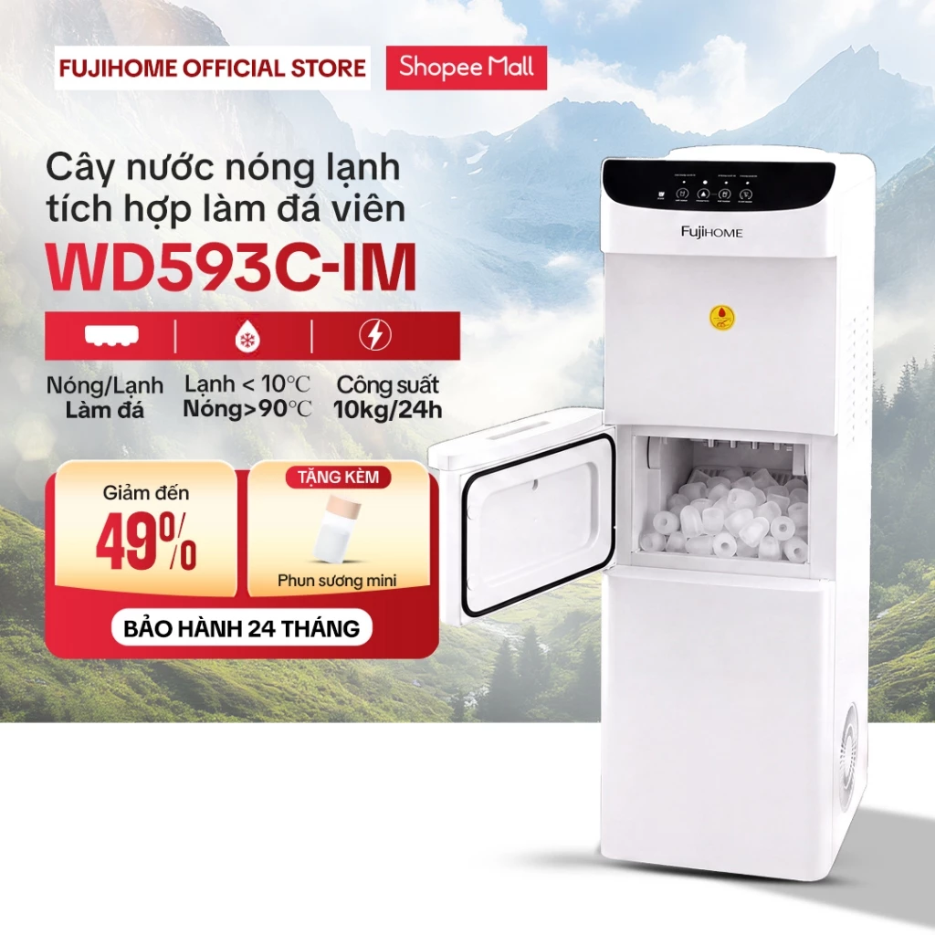 Cây nước nóng lạnh tích hợp làm đá FUJIHOME WD593C-IM Công Nghệ Block nước lạnh sâu, Máy Làm Đá viên sạch 10Kg/24h