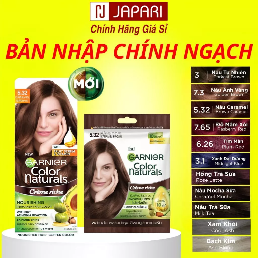 Thuốc Nhuộm Tóc Garnier Hộp/Gói CHÍNH HÃNG - Nhuộm Tóc Tại Nhà Nâu Lạnh, Bạch Kim, Xám Khói, Nâu Caramel - JAPARI