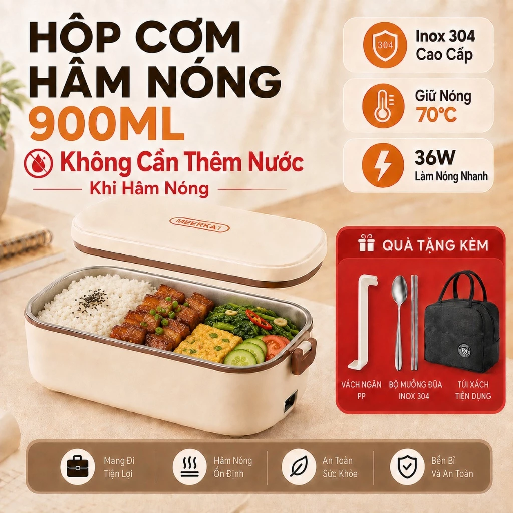 Hộp Cơm Hâm Nóng Điện 900ml Không Cần Châm Nước, Inox 304, Giữ Ấm 70°C