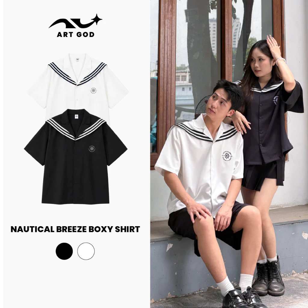 Áo Sơ Mi Boxy Cổ Thuỷ Thủ Unisex Vải Cotton Lạnh Cổ May Viền Thêu Logo Tinh Tế ARTGOD HMA133