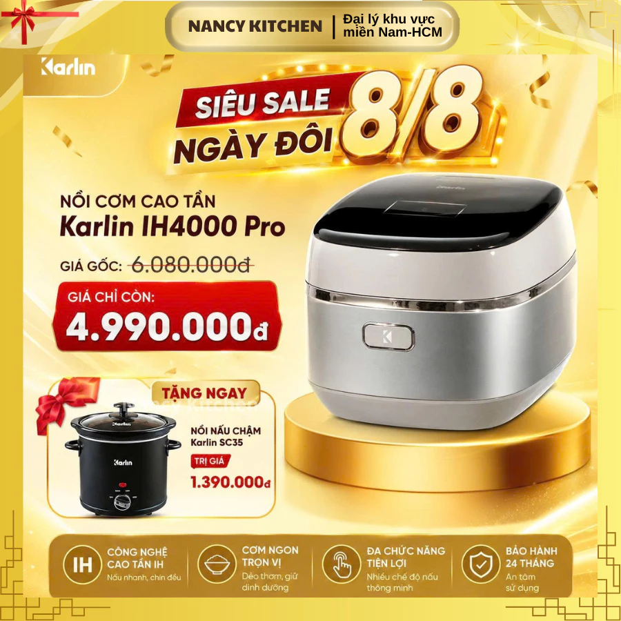 [Chính hãng] Nồi cơm cao tần Karlin IH4000,vân lục giác, lòng nồi inox 316,1.5 lít,công nghệ IH