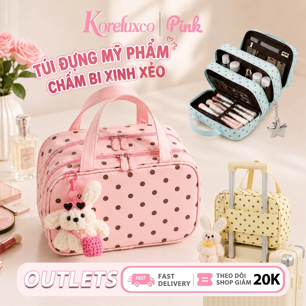 Túi Đựng Mỹ Phẩm Họa Tiết Chấm Bi Da Pu Chống Nước, Cốp Makeup Du Lịch 3 Ngăn Có Kéo Khóa Cỡ Lớn