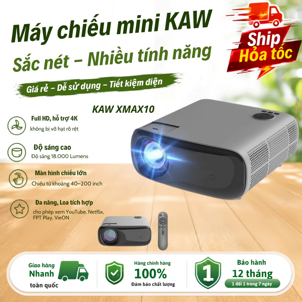 Máy chiếu 4K Androi KAW XMAX10 Chiếu Siêu Nét, Xem Phim Giải Trí, Dạy Học, Văn Phòng, Đa Năng