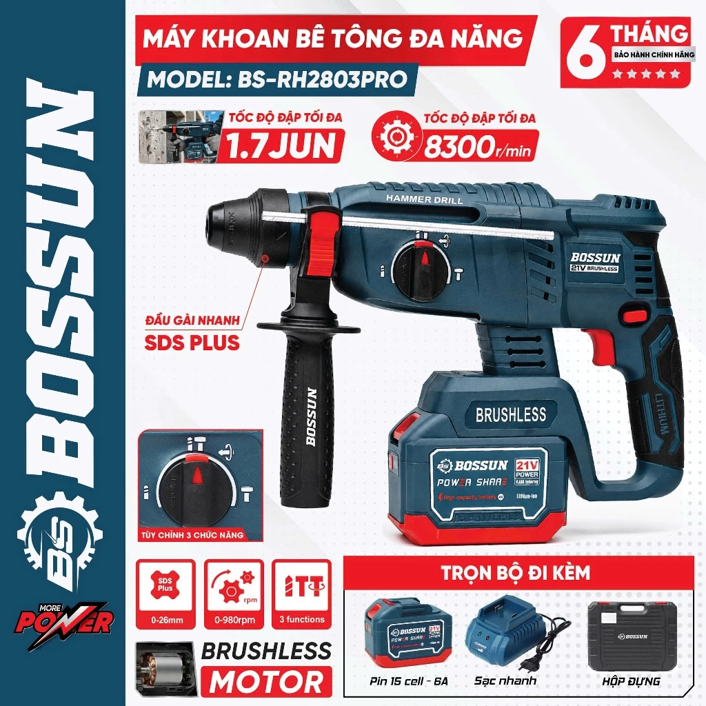 Máy khoan bê tông pin Bossun BS-RH2803PRO, Chuyên Khoan Đục, Bê Tông, Rút Lõi, Combo Mũi Bê Tông Đuôi Gài