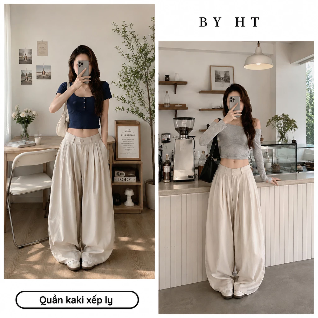BY HT  Quần Kaki Nữ Ống Rộng Xếp Ly, Phối Lưng Thun Quần Basic Phong Cách Hàn Quốc
