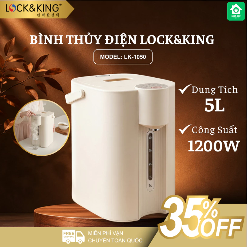 Bình Thủy Điện Lock&King LK-1050 Màu Kem Dung Tích 5 Lít Cao Cấp, Giữ Ấm Tự Động - Nhà Bếp Thiên Hà