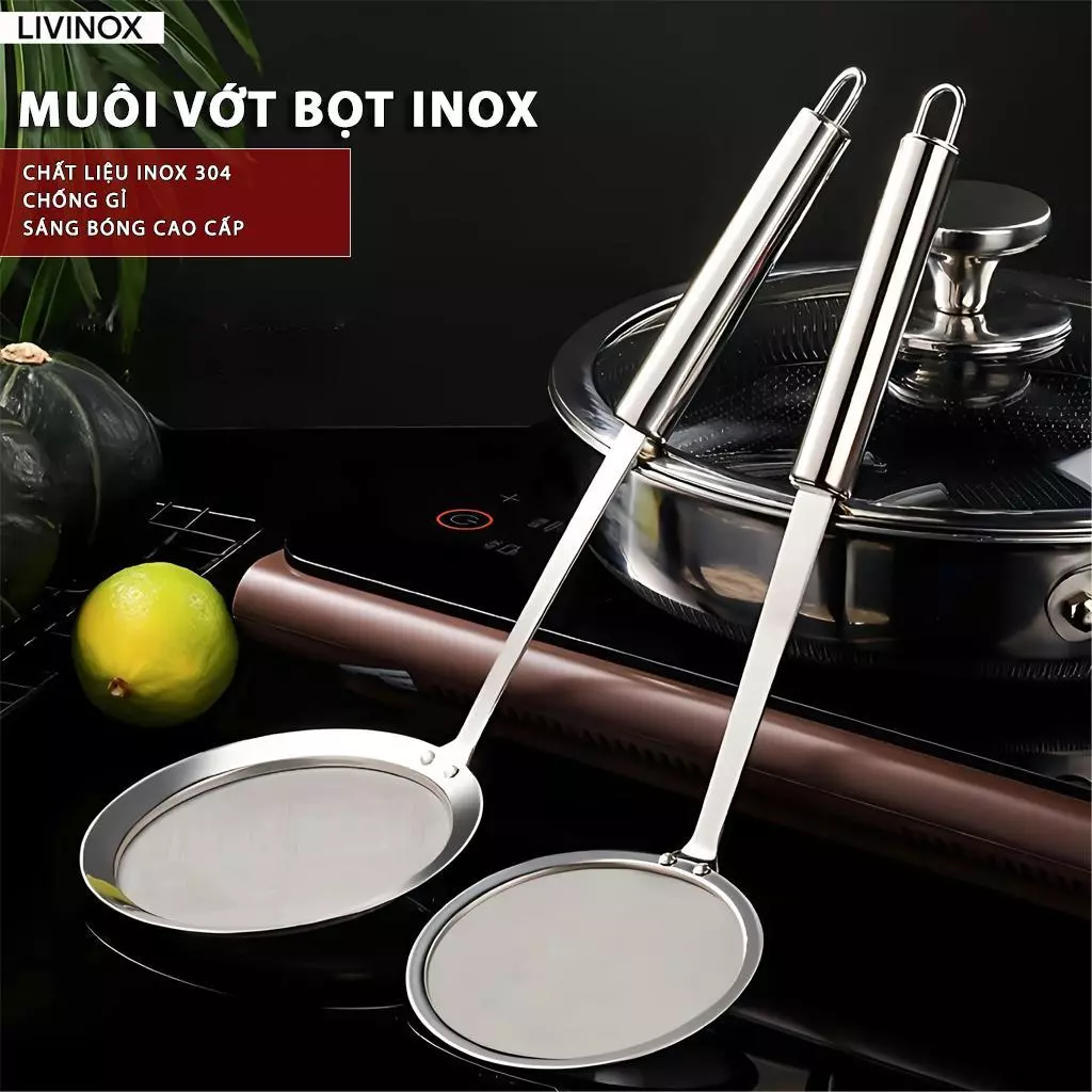 Muôi Vớt Bọt INOX LIVINOX Rây Lọc Đa Năng Tiện Lợi Chất Liệu Thép Không Gỉ Cán Cầm Chắc Chắn Có Móc Treo Tiện Lợi