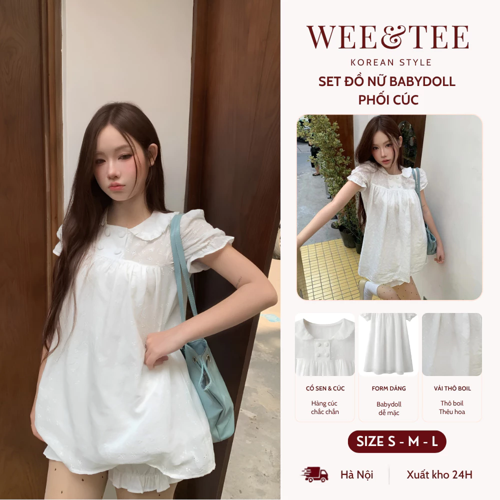 [SALE 9.9 GIẢM 40K] Set Áo Babydoll Tay Phồng Cô Sen Chất Liệu Thô Boi Thêu Kèm Quần Bí Bo Chun