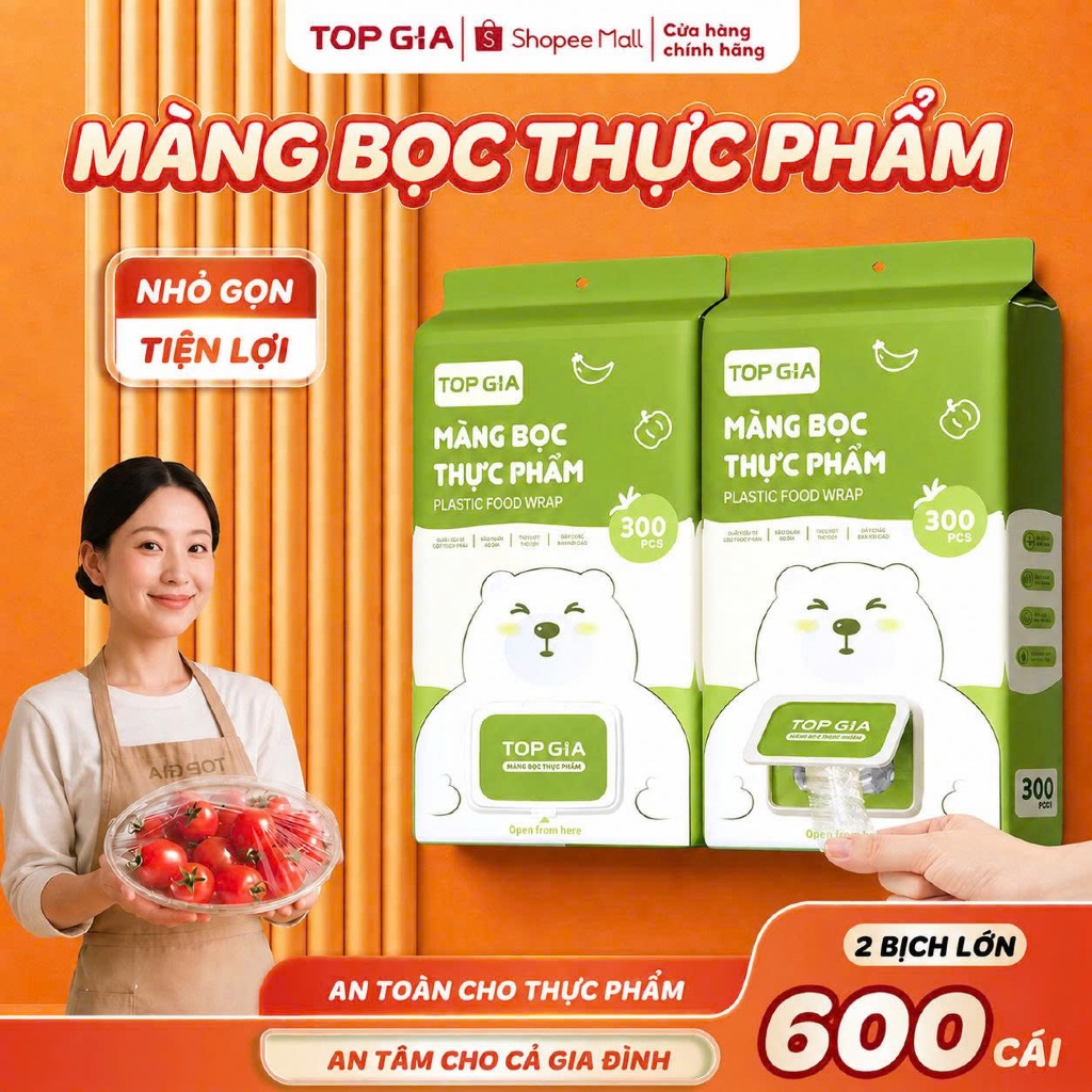 Màng bọc thực phẩm Topgia chất liệu PE co dãn miệng chun siêu dai an toàn tiện…