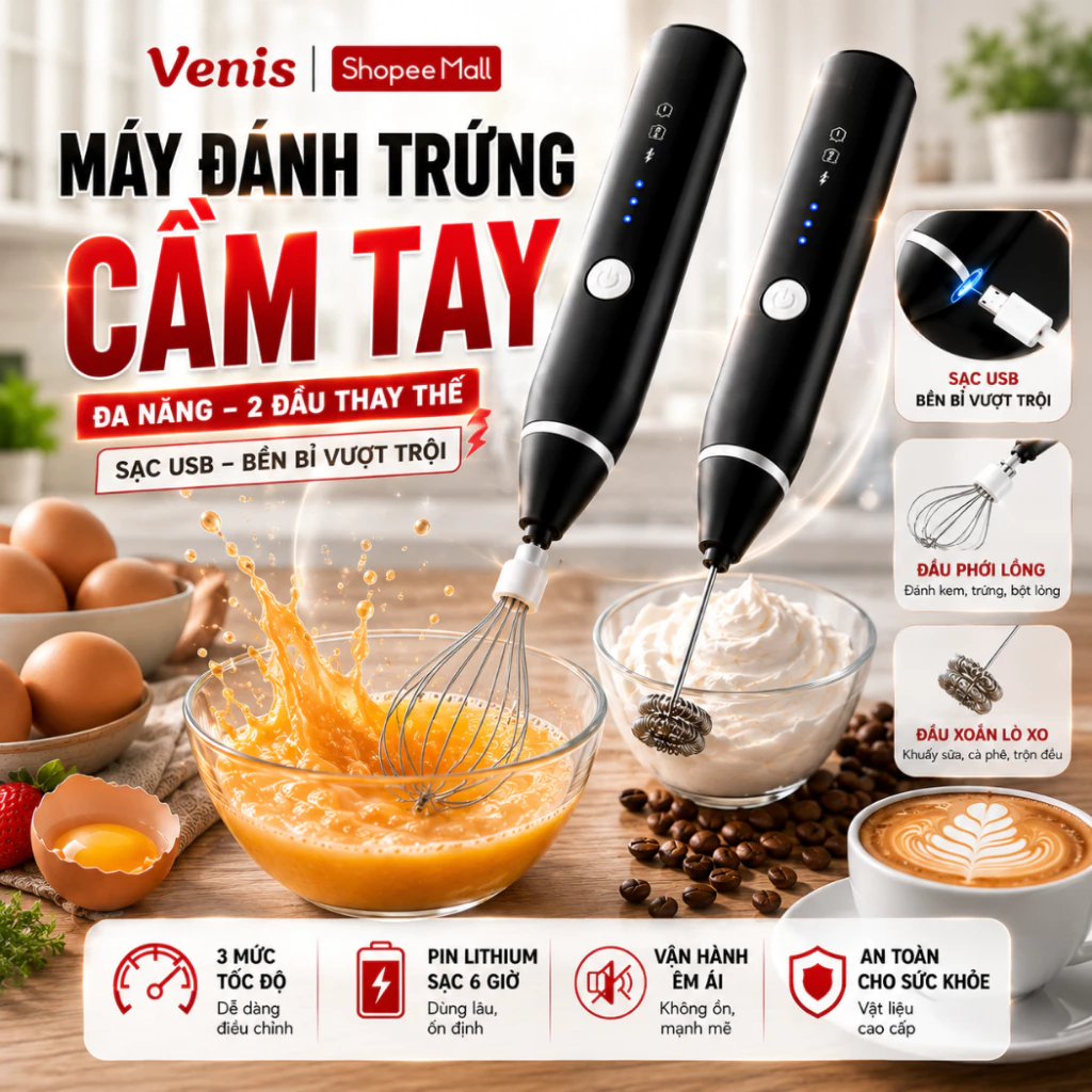 Máy Đánh Bọt Cà Phê Mini Sạc Điện 3 Chế Độ, Máy Đánh Trứng Cầm Tay 2 Đầu Khuấy Tạo Bọt Đồ Uống