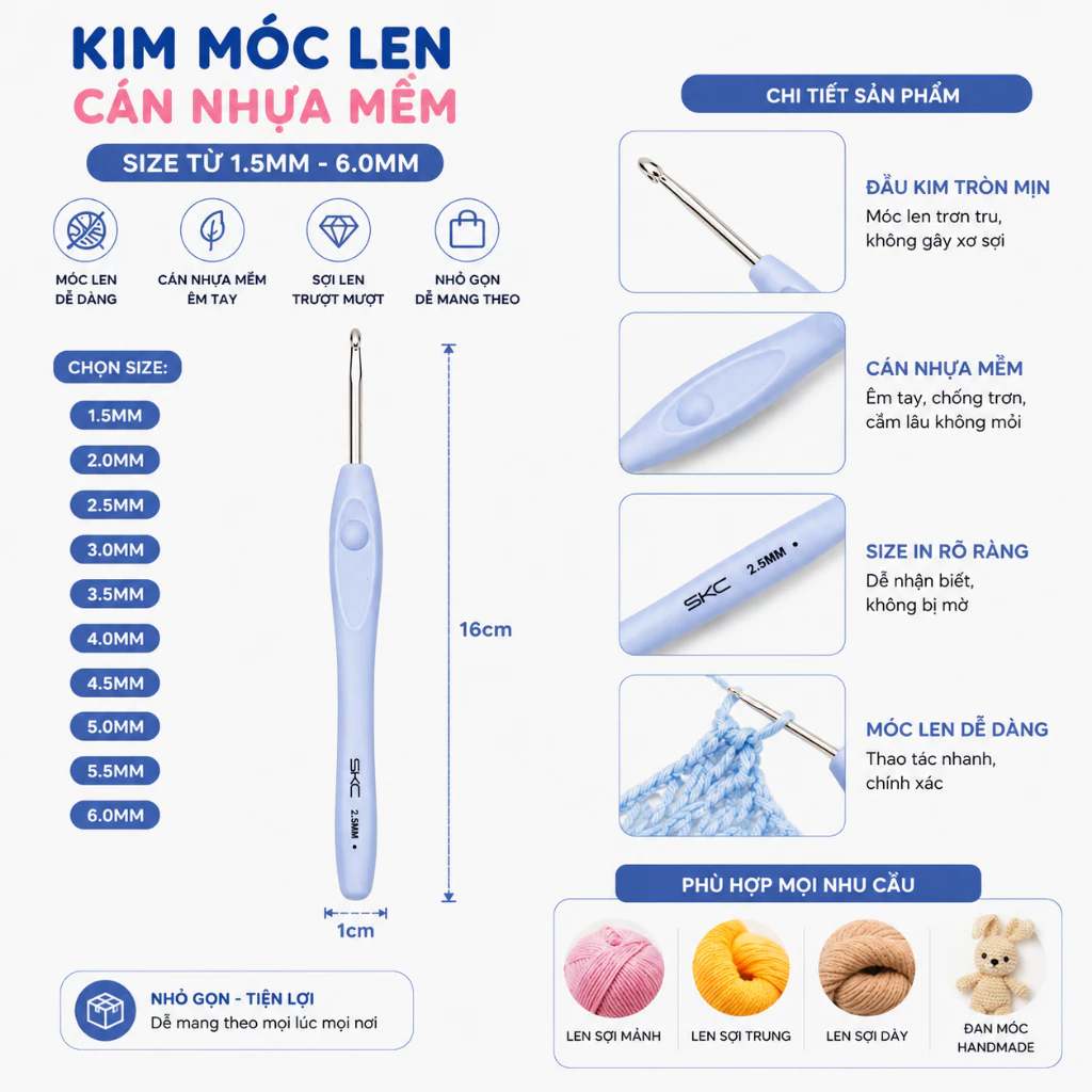 Kim Móc Len Cán Dẻo, Kim Móc SKC Dụng Cụ Móc Len TPR Dành Cho Người Mới Bắt Đầu LYLYCRAFT