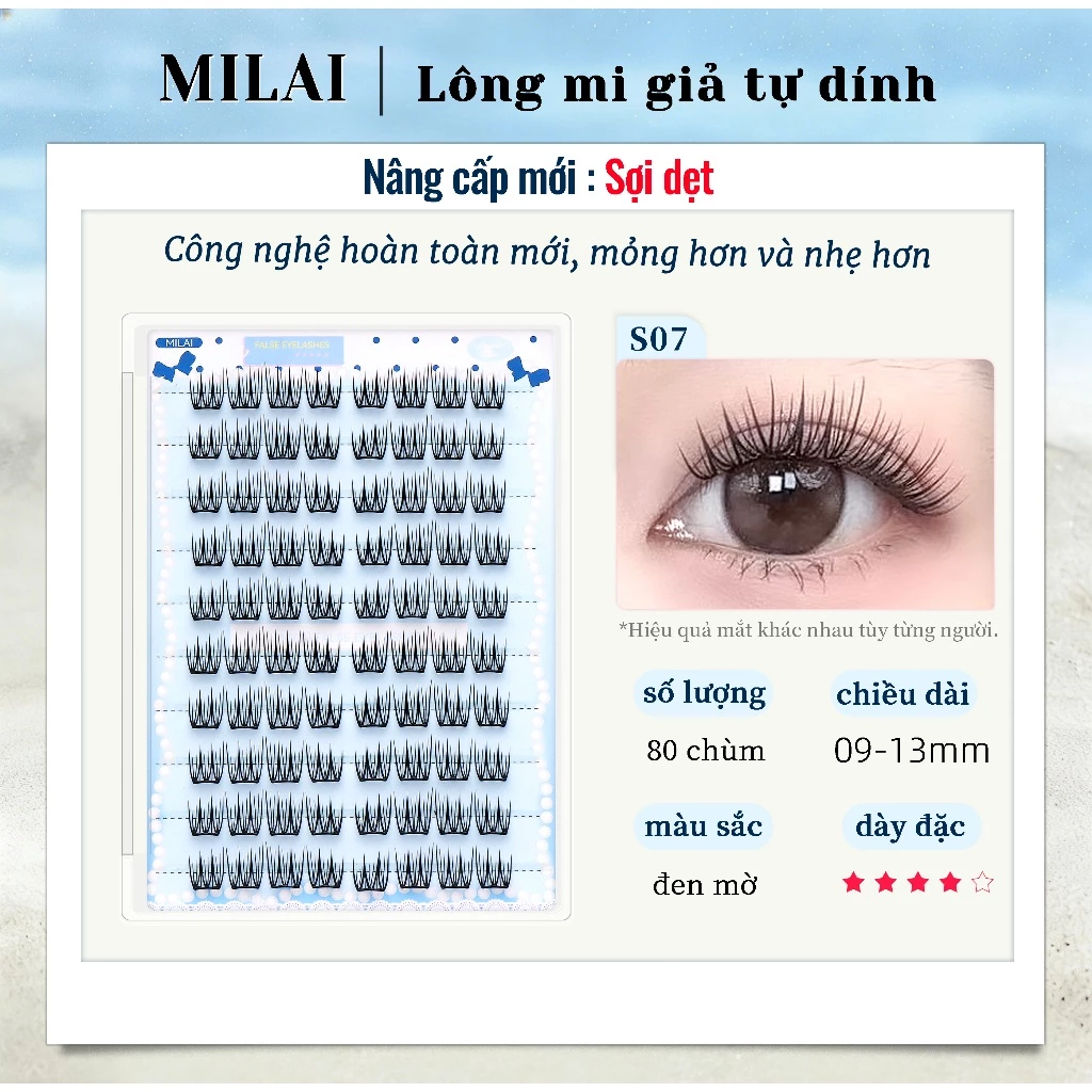 MILAI Lông mi giả tự dính S07 sợi dệt, mi cụm không keo tự nhiên 9-13mm