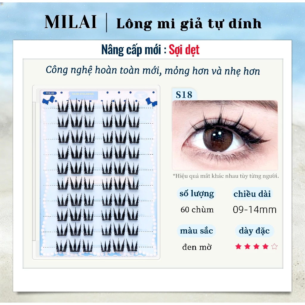 MILAI Lông mi giả tự dính S18 kiểu mắt mèo, mi cụm không keo 09-14mm