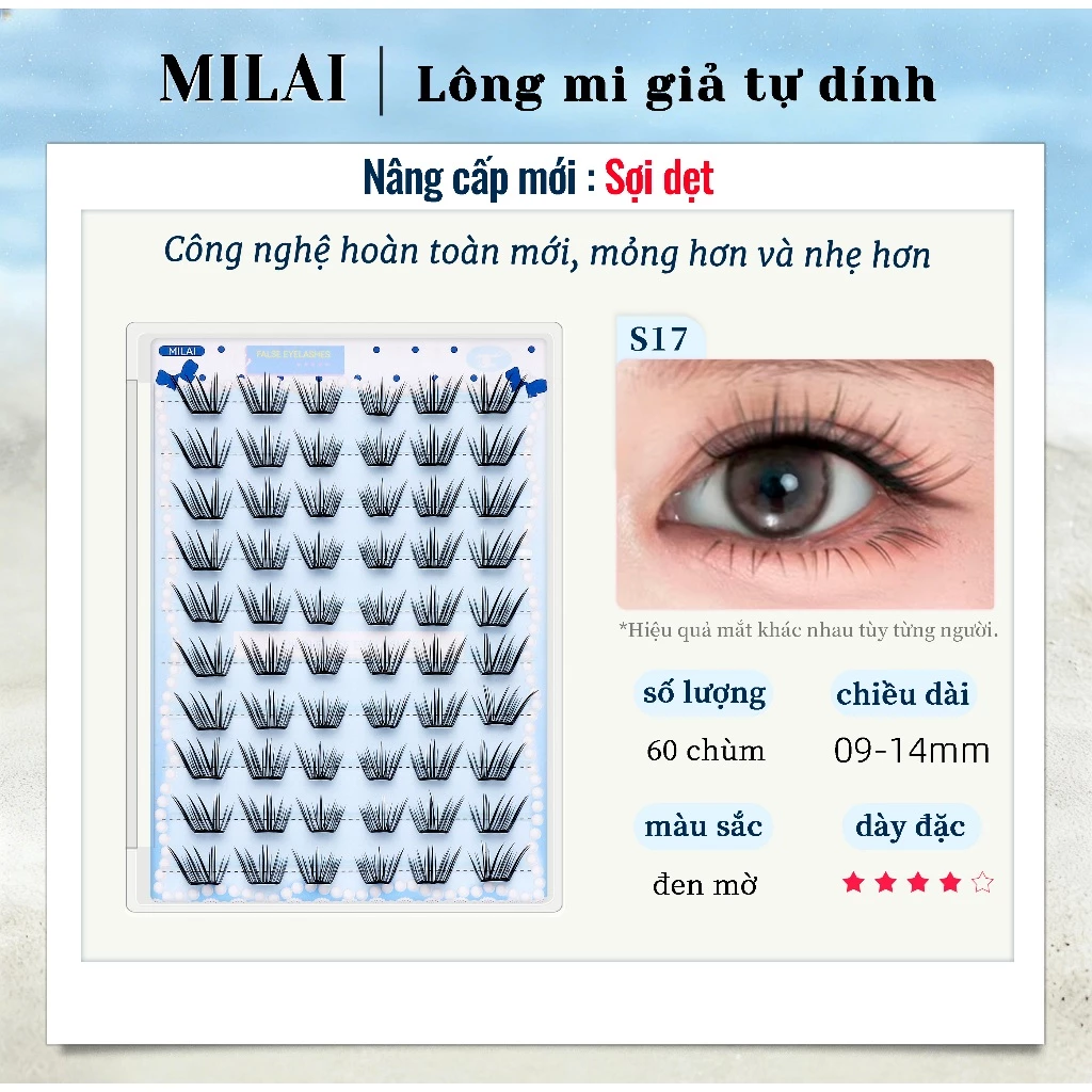 MILAI Lông mi giả tự dính S17 mi cụm không keo, kiểu mắt tự nhiên 09-14mm