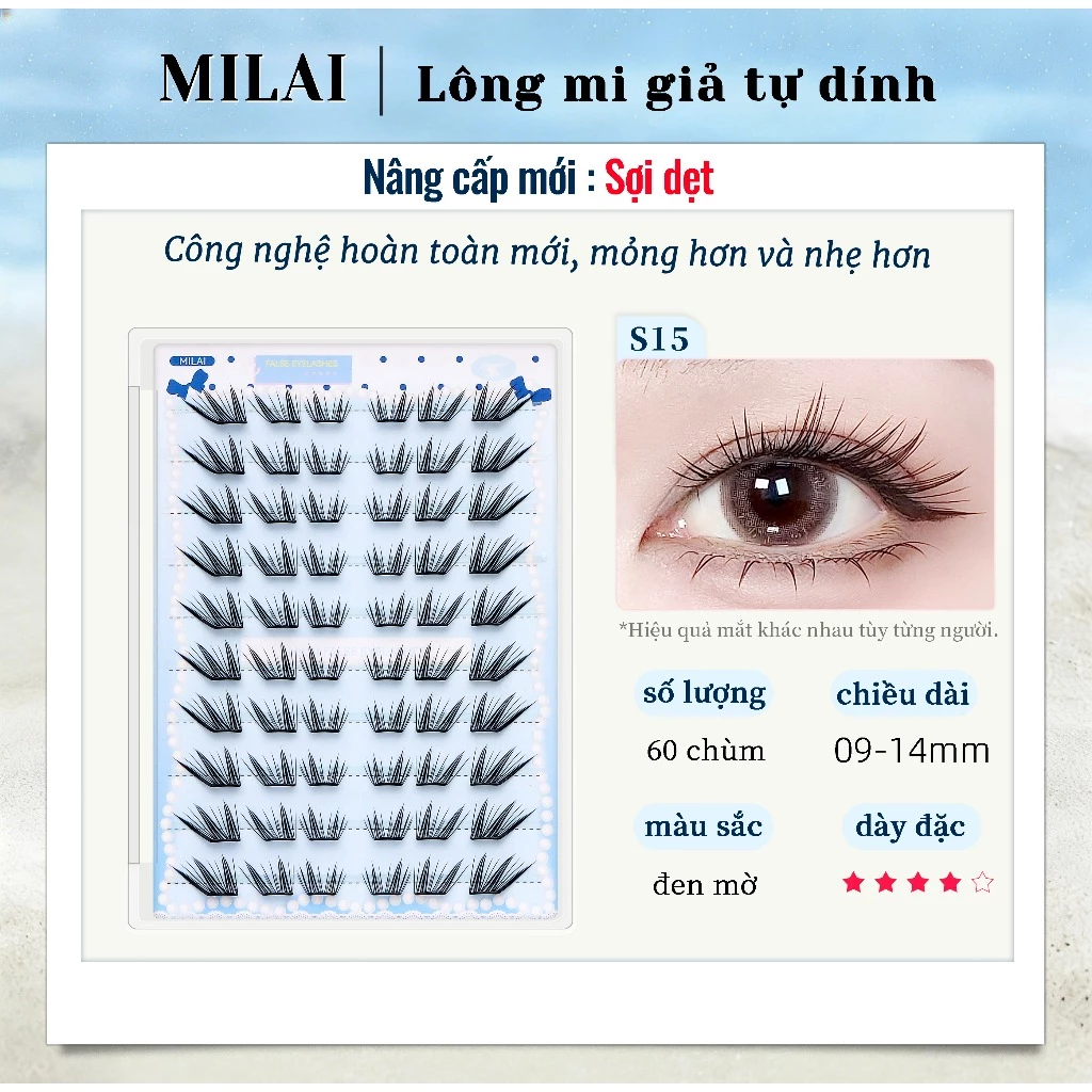 MILAI Lông mi giả tự dính S15 mi cụm không keo, kiểu tự nhiên 09-14mm