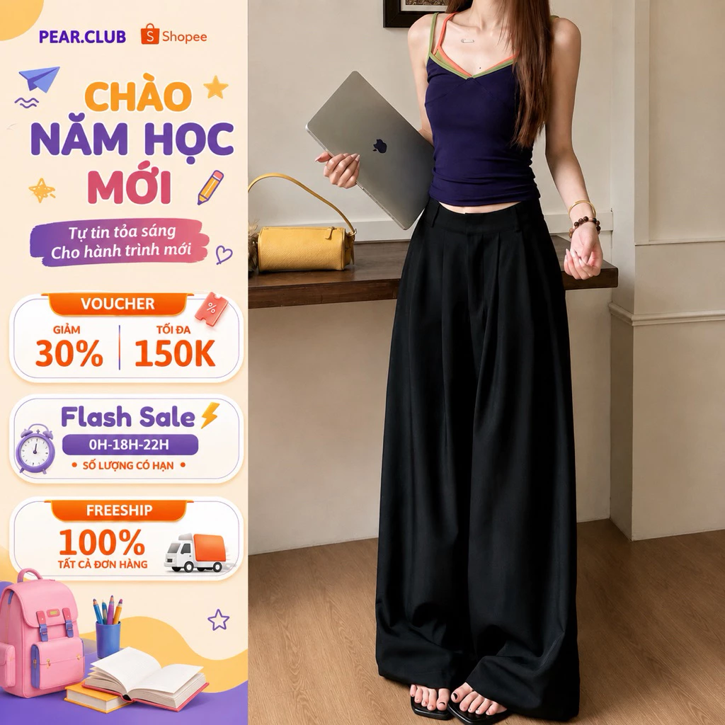 Quần tây ống rộng PEAR.CLUB Nữ Đen Xám Be cạp cao suông dài tôn dáng đi học đi làm Q10