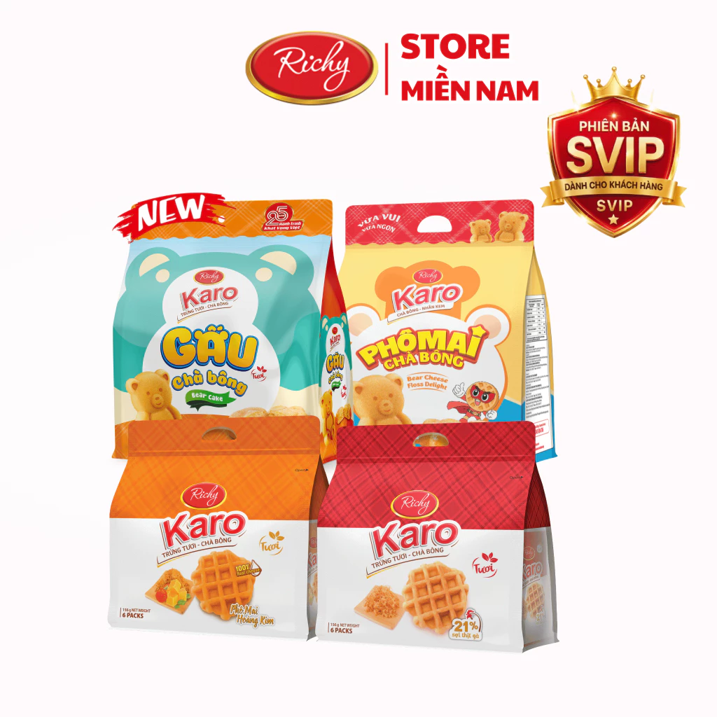 [SVIP] Combo 4 bịch bánh Karo Richy trứng tươi chà bông sợi gà, phô mai hoàng kim, HSD 45 ngày