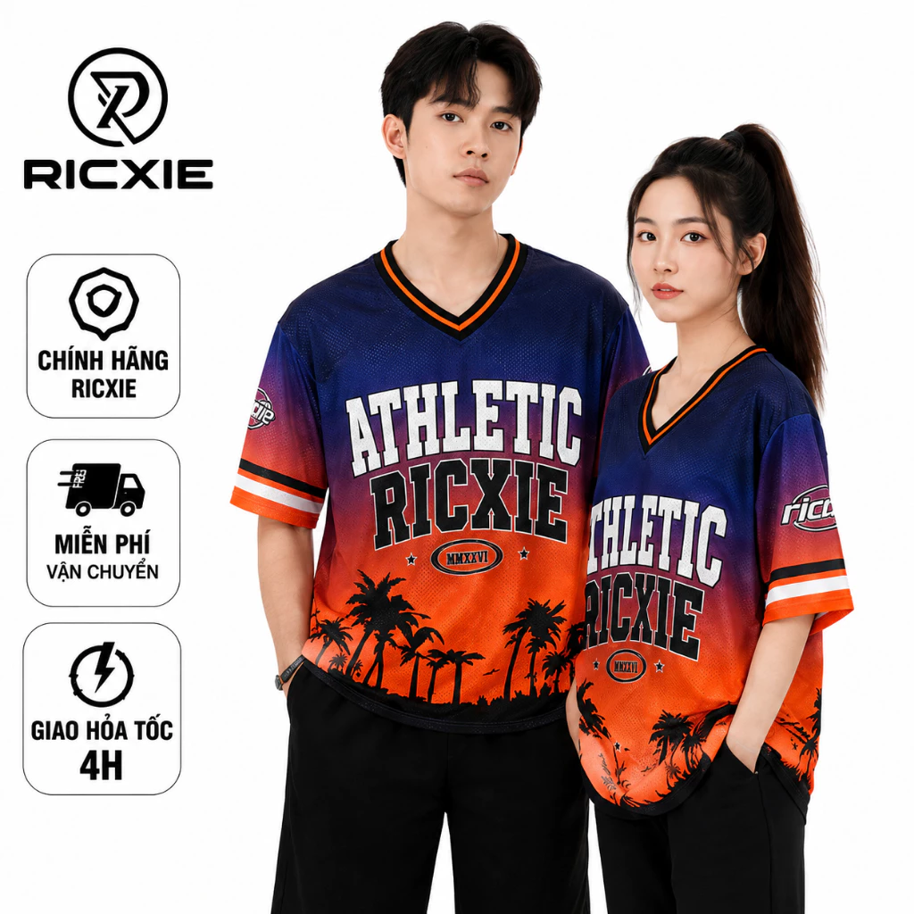 Áo Thun Lưới Jersey Ricxie Unisex Cổ V Form Boxy Sunset Chilling Time Số 77 GAME OF LIFE