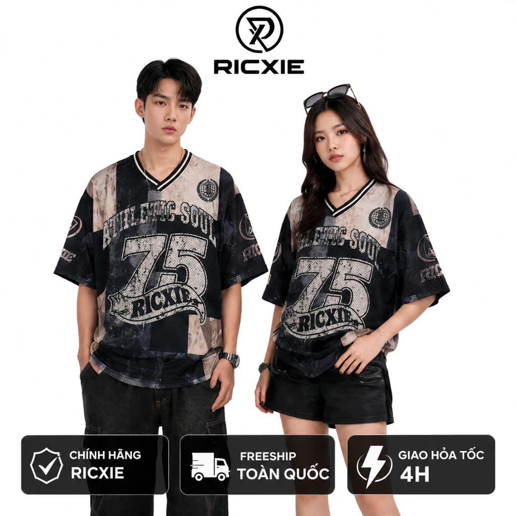 Áo Thun Lưới Ricxie Athletic Soul 75 Unisex Form Oversize Cổ V Áo Thể Thao Streetwear