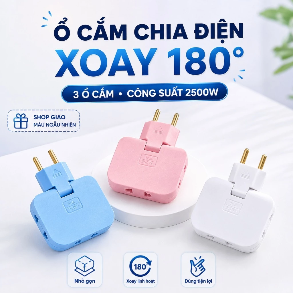 Ổ Cắm Chia Điện 2500W Nhỏ Gọn Tiện Lợi, Xoay 180 Độ, 3 Chân Tròn Dẹt, Công Suất Cao, An Toàn Tiết Kiệm