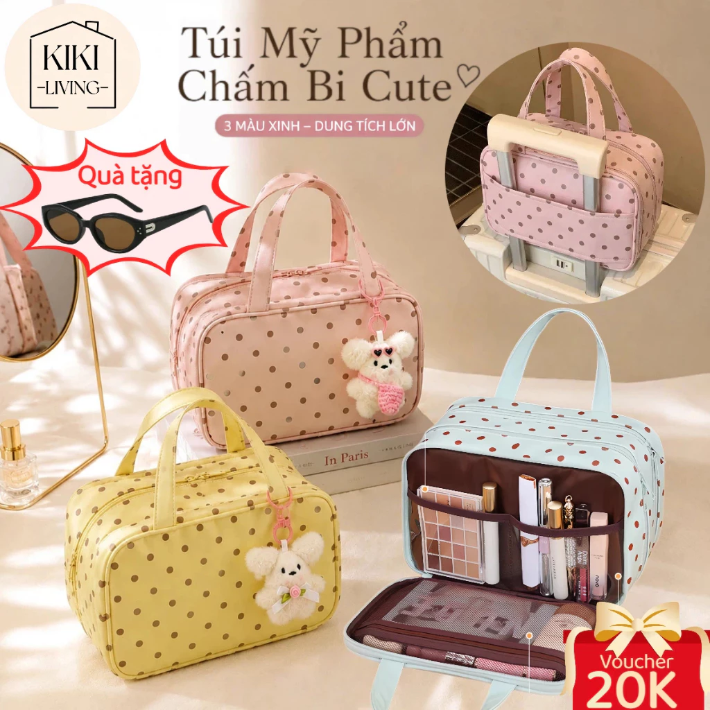 Túi Đựng Mỹ Phẩm PU Chống Nước Dung Tích Lớn Nhiều Ngăn Có Quai Xách Túi Trang Điểm Du Lịch Chấm Bi
