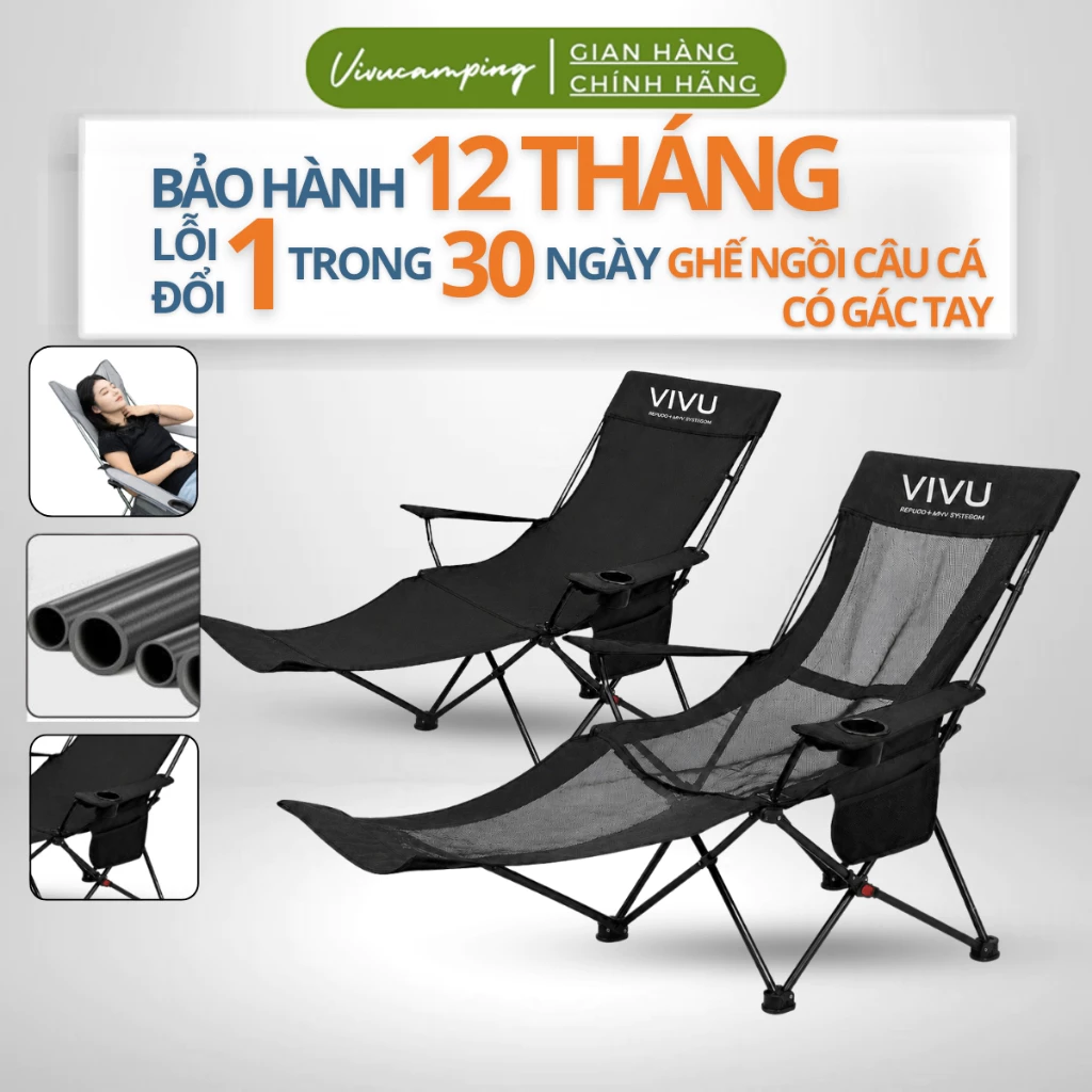 Ghế Ngủ Văn Phòng Vivu Outdoor Có Gác Tay Ngả Lưng 4 Nấc, Ghế Gấp Gọn Gác Chân Dã Ngoại Cắm Trại
