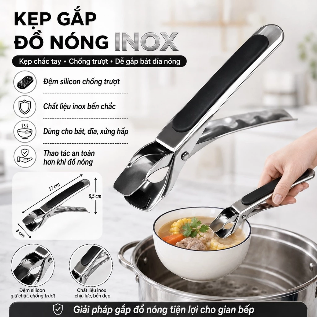 Kẹp Gắp Đồ Nóng Inox, Kẹp Gắp Với Mút Silicon Chống Trượt, Kẹp Thức Ăn Nóng Tiện Lợi Dễ Dàng Sử Dụng