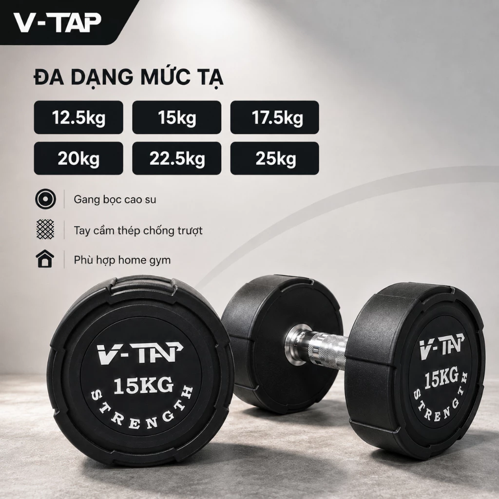 Tạ tay đơn Gang bọc cao su V-TAP loại 7.5kg, 10kg, 12.5kg, 15kg, 17.5kg, 20kg, 22.5kg, 25kg 1 Tay