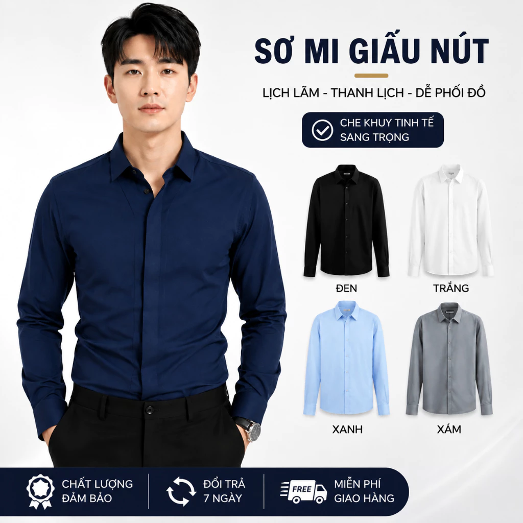 Áo Sơ Mi Nam Dài Tay Giấu Nút GEN ALPHA Vải Lụa Chéo Hàn Cao Cấp Chống Nhăn GEN220
