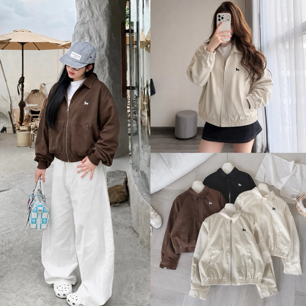 [Hàng Loại 1] Áo khoác bomber kaki cổ bẻ khoá kéo thêu ngựa 2 lớp basic A1100