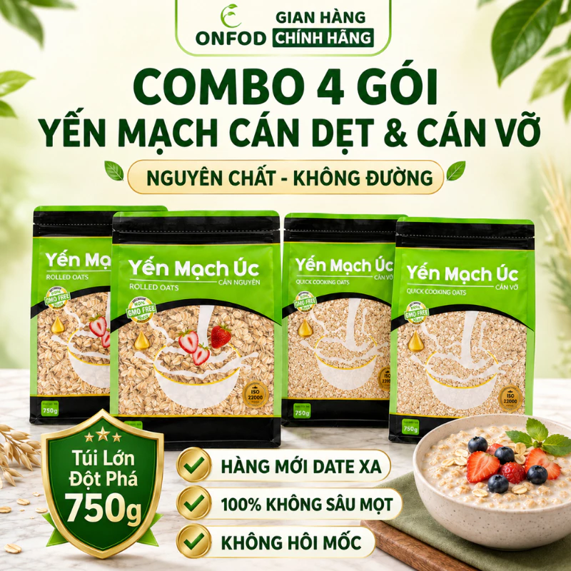 Combo 4 gói yến mạch cán dẹt cán vỡ ăn liền ONFOD ăn kiêng eat clean healthy cho bé ăn dặm