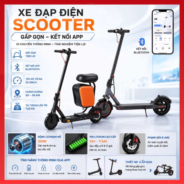 Xe Scooter Điện Thông Minh - Điều Khiển Qua App -Lốp Vĩnh Cửu- Pin Cao Cấp