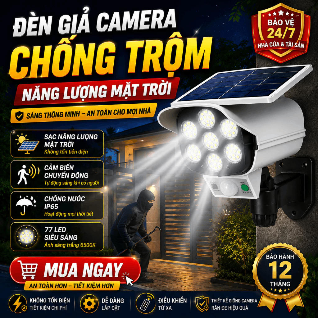 Đèn Giả Camera Chống Trộm Năng Lượng Mặt Trời-Chống Nước-Có Điều Khiển Cảm Biến-Tiết Kiệm Điện.