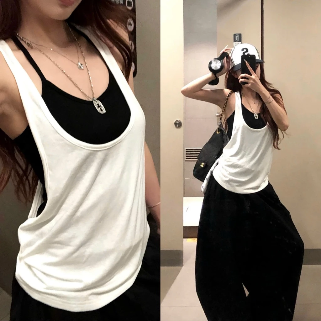 (sẵn)Set áo tanktop nữ phối áo 2 dây trắng đen trơn chất thun co giãn SET020 – Tiktik