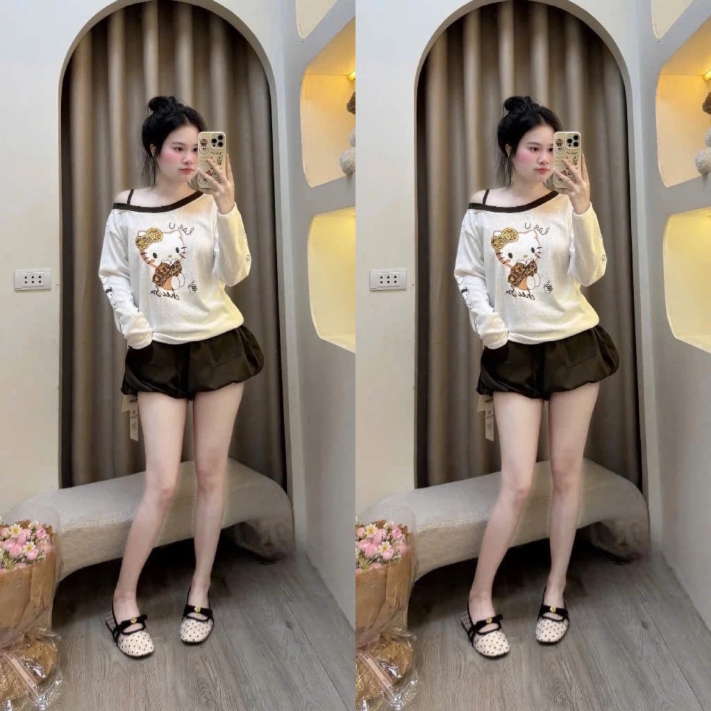 (Set 2 Món): Áo Trễ Vai Dài Tay Viền Đen Kitty Báo Mix Chân Váy Bí Nâu 2 Lớp -Ảnh Thật Lollaye