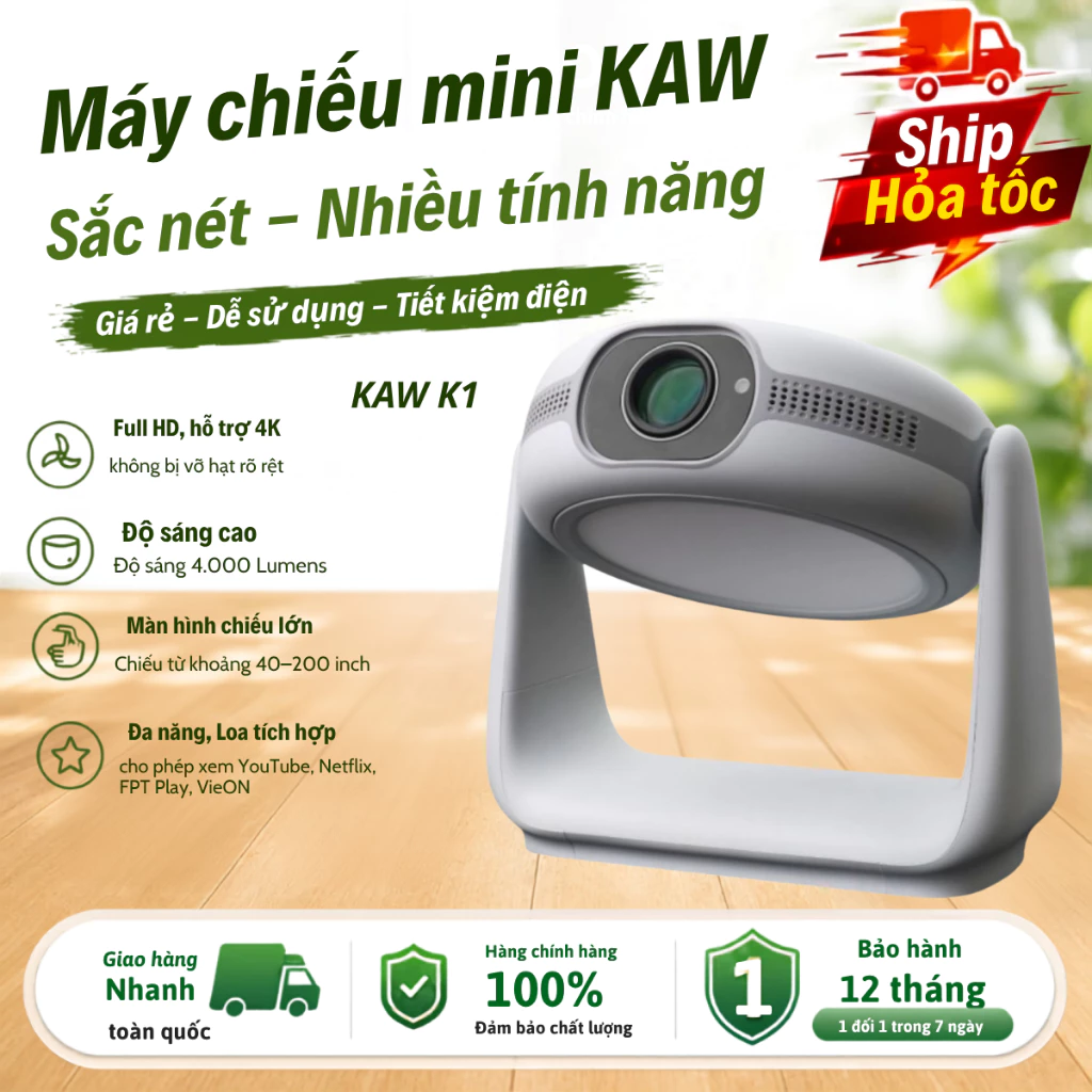 Máy Chiếu Mini KAW K1 - Tự Động Lấy Nét, Tích Hợp Pin, Chiếu Rõ, Xem Phim Mọi Nơi