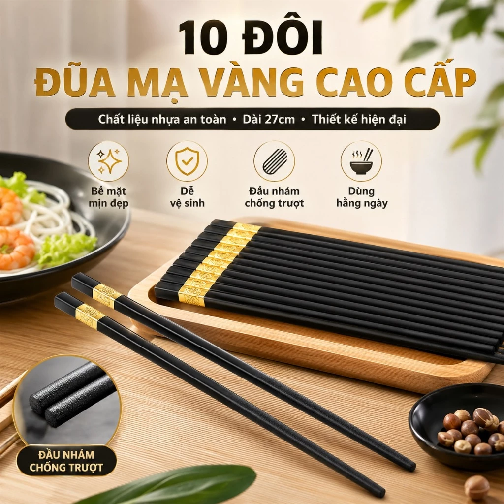 Đũa Kháng Khuẩn Mạ Vàng Đũa Nhựa Ăn Cơm Phong Cách Hàn Quốc Nhựa Đen Chống Trơn Chống Mốc Chịu Nhiệt