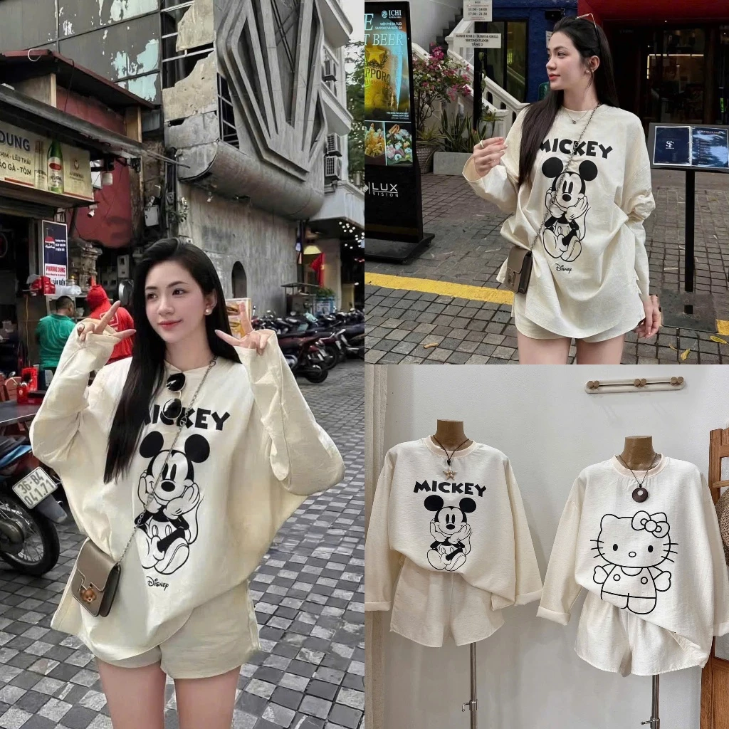 (Set Bộ Đũi): Áo Sweater Dài Tay From Thụng In Hoạt Hình Phối Kèm Quần Sooc Tone Be 2 Phân Loại -Ảnh Thật Lollaye