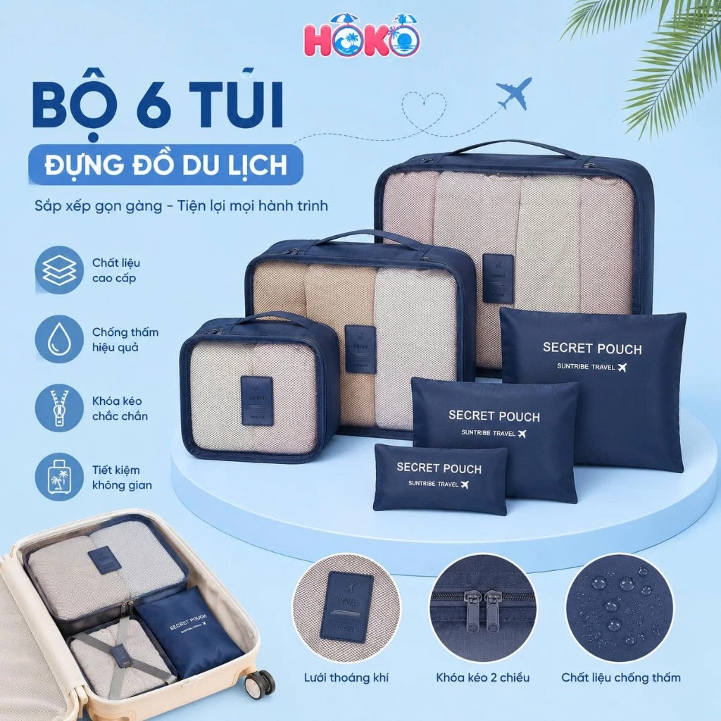 Bộ 6 túi đựng quần áo đồ lót tất vớ đi du lịch chống thấm HOKO set túi đựng đồ trang điểm,cá nhân phân loại xếp vali