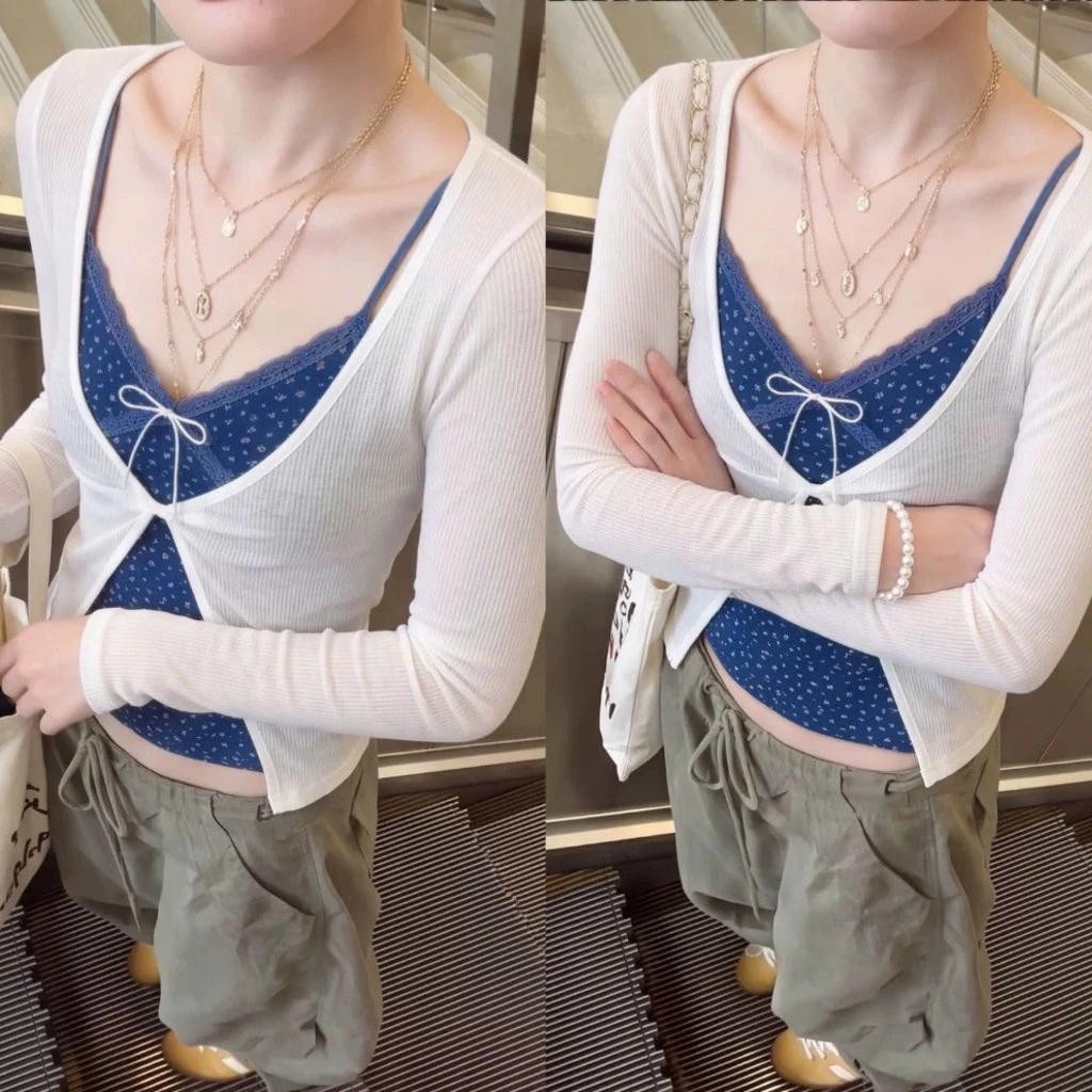 Set áo cardigan trắng mỏng và áo hai dây chấm bi xanh phối nơ viền ren SET021 - TikTik