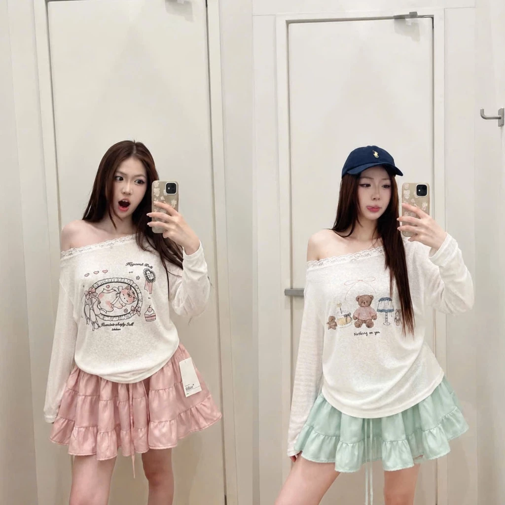(Set 2 Món): Áo Thun Giấy Trễ Vai Phối Viền Ren Hoạ Tiết Siêu Cute Phối Chân Váy Ly Xoè Tầng 2 Màu-ẢNh Thật Lollaye