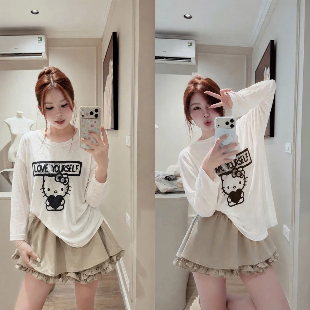 (Set 2 Món):Áo Thun Trắng Dài Tay Love Your Self Mix Chân Váy Kaki Be Phối Bèo-Ảnh Thật Lollaye