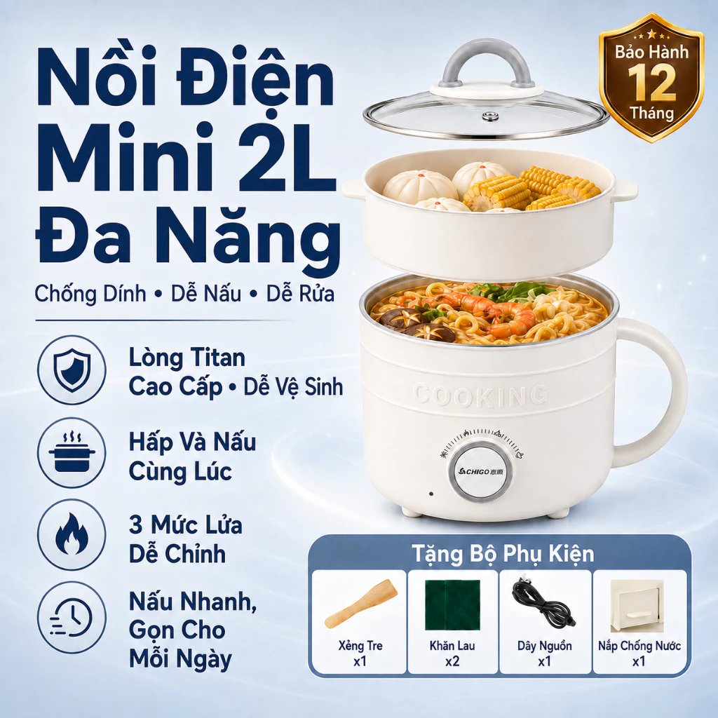 Nồi Điện Đa Năng Mini 2L Lòng Nồi Phủ Titan Chống Dính, Hấp Trên Nấu Dưới, 3 Mức Nhiệt
