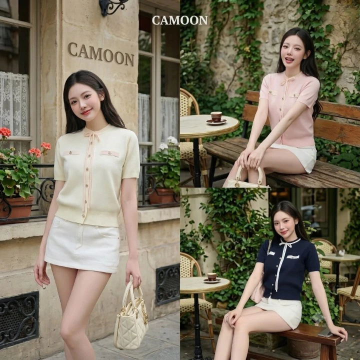 Áo Len Nữ Ngắn Tay Phối Nơ A26 Form Dáng Thanh Lịch Áo Len Dệt Kim Cúc Hoa Tinh Tế